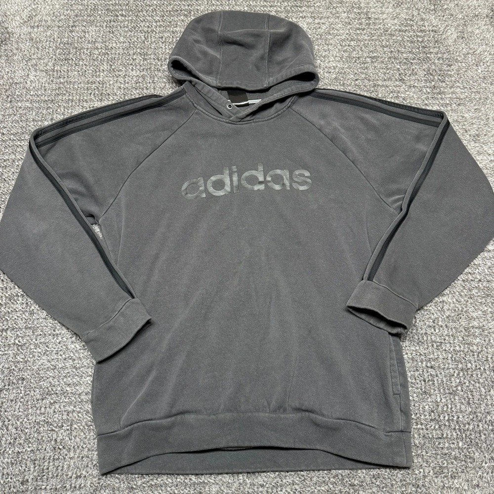 Adidas Mens Hoodie Size L Gray Pullover Sweatshirt Spell Out Logo 3‎ Stripe